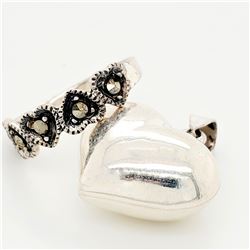 SILVER MARCASITE HEART SHAPED PENDANT AND RING SET