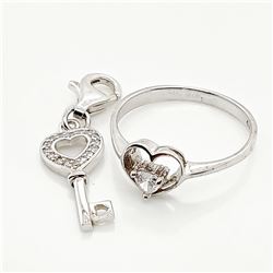 SILVER CUBIC ZIRCONIA HEART KEY CHARM AND RING SET