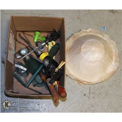 BOX OF GARDEN SUPPLIES, TROWELS, SPRINKLERS,