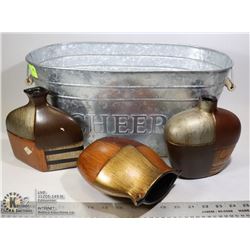 METAL BUCKET WITH 3 DECORATIVE VASES
