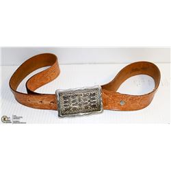 VINTAGE TOOLED LEATHER BELT WITH SILVER FILIGREE