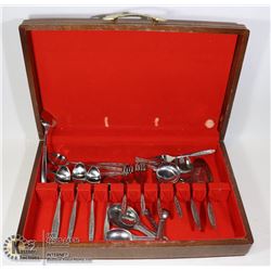 VINTAGE WOODEN SILVERWARE CHEST FULL