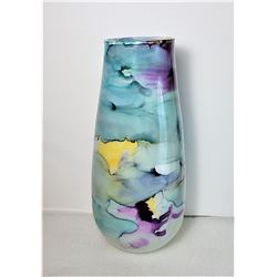 20)  GLASS OVER POTTERY ART VASE WITH