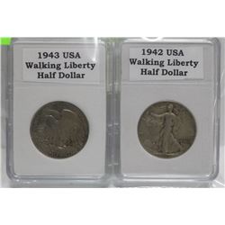 2 USA 90% SILVER, 1942-1943 HALF DOLLARS 1 OZ.