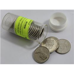 TUBE OF 25  CANADIAN HALF DOLLAR COINS, ASSORTED