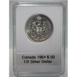 1964 CANADIAN SILVER 1/2 DOLLAR, 50 CENTS,