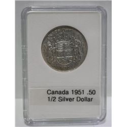 1951 CANADIAN SILVER 1/2 DOLLAR, KING GEORGE VI,