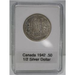 1942 CANADIAN SILVER 1/2 DOLLAR, KING GEORGE VI