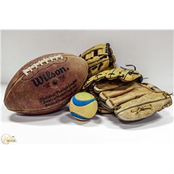 NFL FOOTBALL WITH 3 BASEBALL GLOVES AND BALL