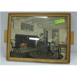 SERVING TRAY COLONIAL PICTURE UNDER GLASS