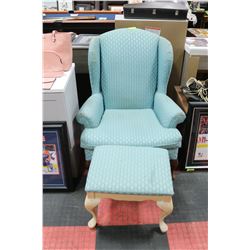 BLUE LIVING ROOM CHAIR WITH STOOL