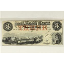 185? ERIE AND KALAMAZOO RAILROAD BANK $3 CRISP UNC