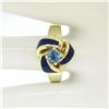 Image 2 : Vintage 14K Yellow Gold FINE Aquamarine & Blue Enamel Trinity Knot Cocktail Ring