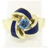 Image 4 : Vintage 14K Yellow Gold FINE Aquamarine & Blue Enamel Trinity Knot Cocktail Ring