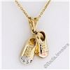 Image 1 : 14kt Yellow White and Rose Gold Dual Baby Shoe Pendant Necklace w/ 5 Round Diamo
