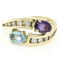 14K Yellow Gold 1.21 ctw Oval Amethyst & Blue Topaz Bypass Ring w/ Round Diamond