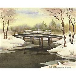 Original watercolor "Bridge on winter river" #1529472
