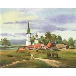 Original watercolor "Temple at the river" #1529473