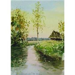 Original watercolor "Morning on lake" #1529480