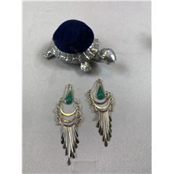 Nice Misc. Lot, Pair Of Drop Silver Turquoise Earrings, New Old Stock Zephyr Lighter 1950's, Vintage