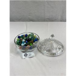 Nice Glass Candy Dish w/Lid Filled With Vintage Marbles, Some Hand Blown