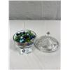 Image 1 : Nice Glass Candy Dish w/Lid Filled With Vintage Marbles, Some Hand Blown