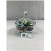 Image 2 : Nice Glass Candy Dish w/Lid Filled With Vintage Marbles, Some Hand Blown