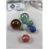 Image 3 : Nice Glass Candy Dish w/Lid Filled With Vintage Marbles, Some Hand Blown