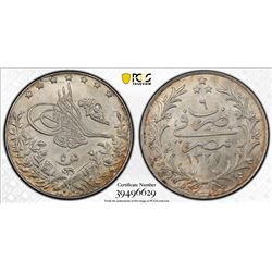 EGYPT: Mehmet V, 1909-1918, AR 5 qirsh, Misr, AH1327 year 6. PCGS MS65