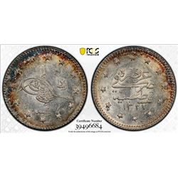 TURKEY: Mehmet V, 1909-1918, AR kurush, Kostantiniye, AH1327 year 1. PCGS MS63