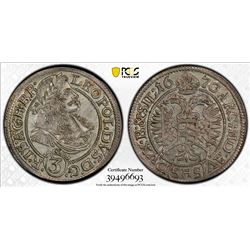 AUSTRIA: Leopold I, 1657-1705, AR 3 kreuzer, Breslau, 1670. PCGS MS64