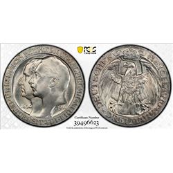 PRUSSIA: Wilhelm II, 1888-1918, AR 3 mark, 1910-A. PCGS MS65