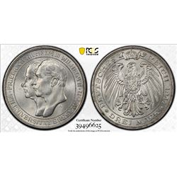 PRUSSIA: Wilhelm II, 1888-1918, AR 3 mark, 1911-A. PCGS MS65