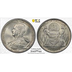 HUNGARY: Miklos Horthy, regent, 1920-1944, AR 5 pengo, 1938. PCGS MS64