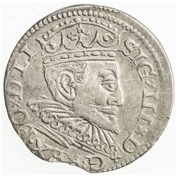 POLAND: Sigismund III, 1587-1632, AR trojak (3 grosze), Riga, 1595. EF