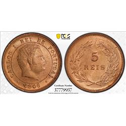 PORTUGAL: Carlos I, 1889-1908, AE 5 reis, 1906, KM-530, PCGS graded MS65 RD.