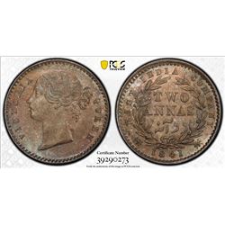 BRITISH INDIA: Victoria, Queen, 1837-1876, AR 2 annas, 1841(c), PCGS graded MS66.