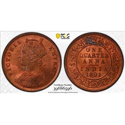 BRITISH INDIA: Victoria, Empress, 1876-1901, AE 1/4 anna, 1891(c). PCGS MS64