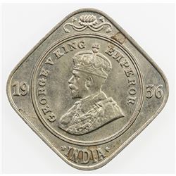 BRITISH INDIA: George V, 1910-1936, 2 annas, 1936(b), KM-516, UNC