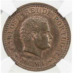 PORTUGUESE INDIA: Carlos I, 1889-1909, AE 1/8 tanga, 1901, KM-14, NGC graded MS62 BR.