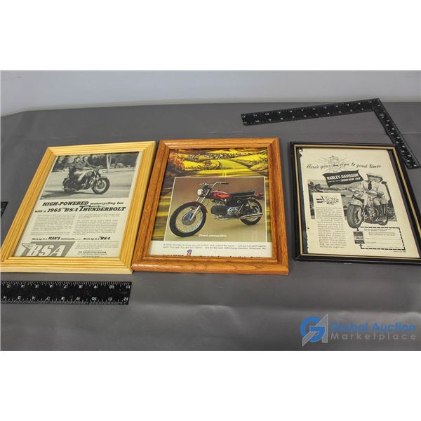 (3) Framed Motorcycle Advertisements