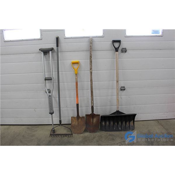 Assorted Yard Tools & Aluminum Crutches