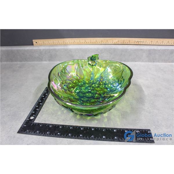 Green Carnival Glass Fruit Bowl