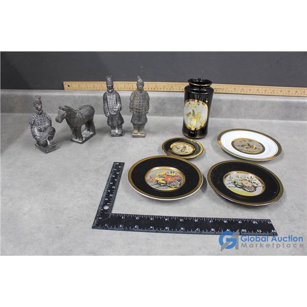 (4) Japanese Terracotta Clay Figures & (4) Art Of Chokin 24k Gold Edged Dishes