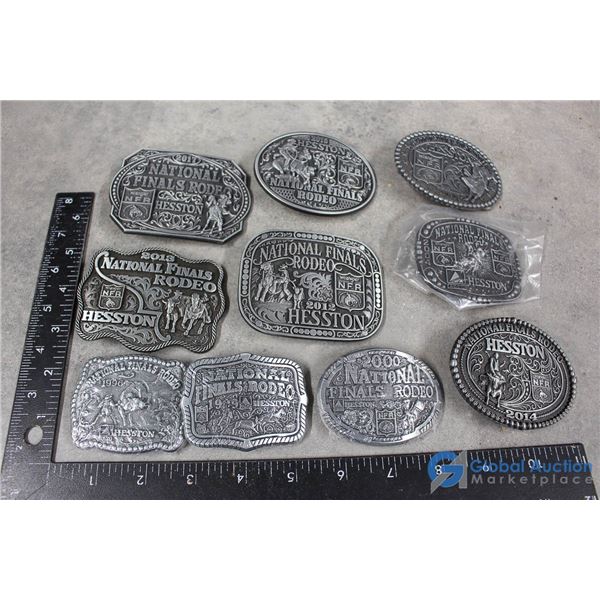 (10) Small Hesston Belt Buckles - 1996, 1999, 2000, 2004, 2009, 2012, 2013, 2014, 2016, 2017