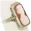 Image 7 : Antique 14kt White Gold Bezel Set Rectangular Carved Shell Cameo Ring