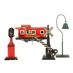O Scale-Unique Lines Caboose, El Camino Real Bell, Marx Crossing Gate, Marx 2 light Block Signal