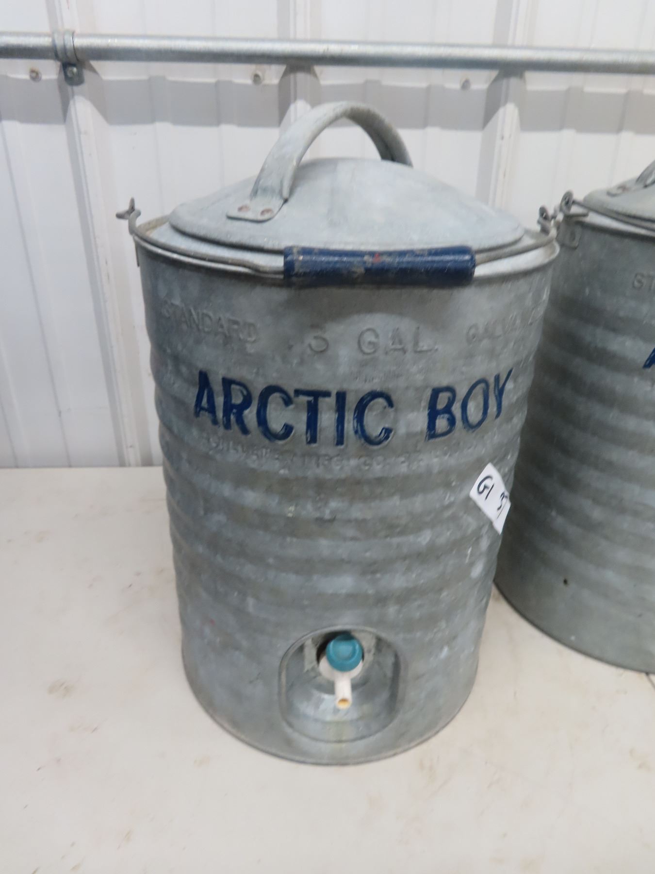 2 Arctic Boy 3 Gal Water Coolers, Vintage Nice with Wood Handle & Color on Arctic Boy