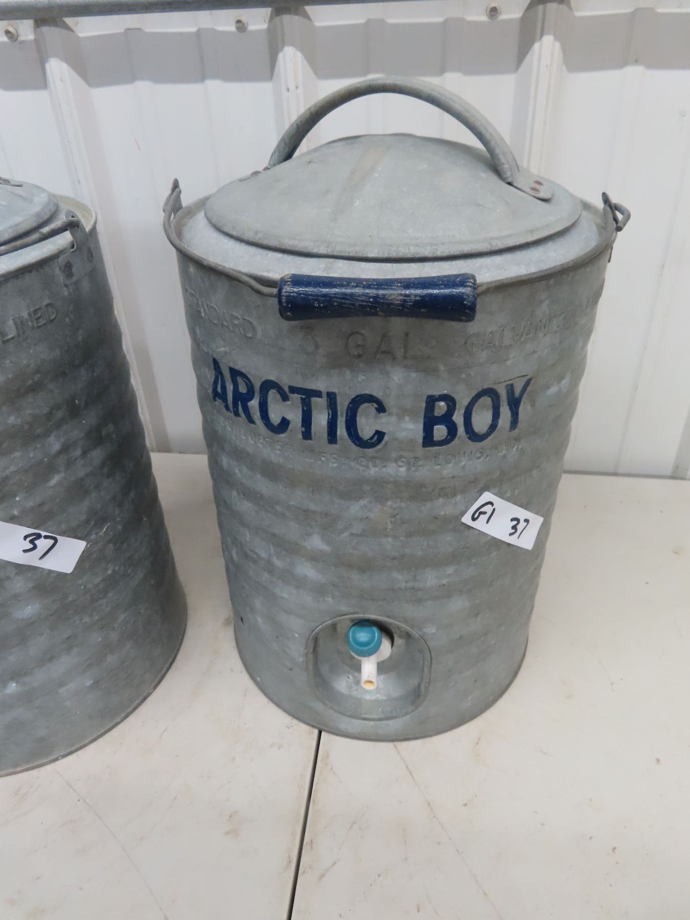 2 Arctic Boy 3 Gal Water Coolers, Vintage Nice with Wood Handle & Color on Arctic Boy