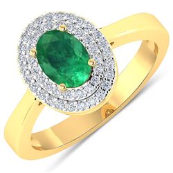 Natural 0.78 CTW Zambian Emerald & Diamond Ring 14K Yellow Gold - REF-37F9N